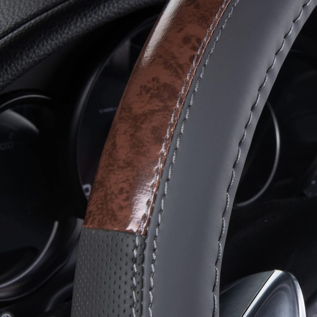 CAR PASS Wood Grain Microfiber Leather Steering Wheel Cover, Universal Fit for 14 1/2-15 inch Beige Steering Wheel, Anti-Skip Veins Design,Trucks, Suvs,Vans, Sedans (Beige)