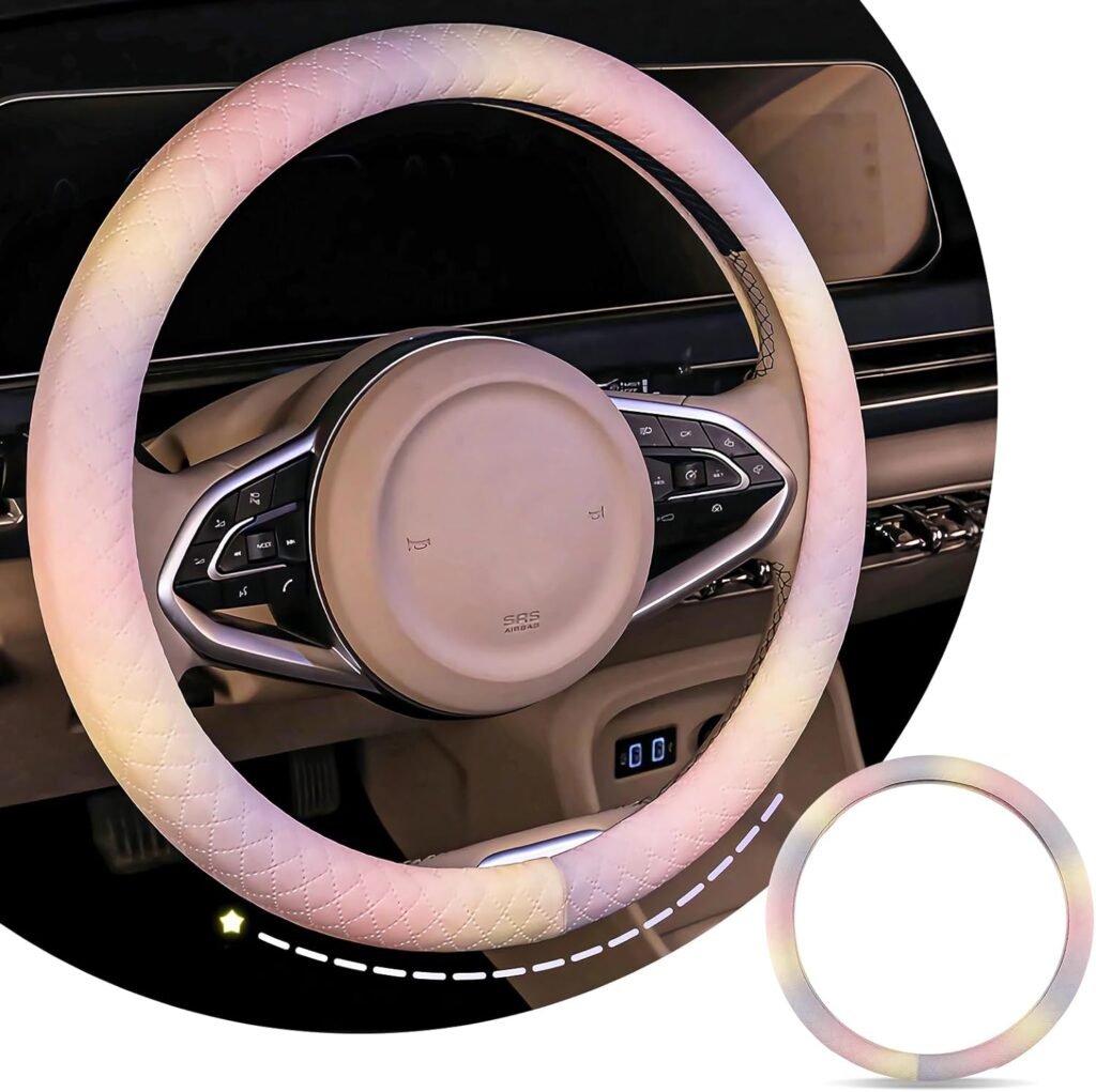 Gradient Pink Steering Wheel Cover for Women Leather ，Non-Slip and wear-Resistant, Stylish and Practical ，Universal Cute Steering Wheel Covers Interior Accessories Great Gift for 15 inch