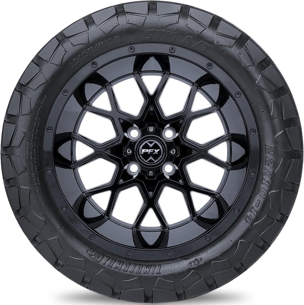 ProFormX Chaos Gloss Blk 14 Golf Cart Wheels and Tires Combo Package - Set of Four 22x10x14 Timberwolf Off-road Tire on 14x7 Gloss/Black Rim. Fits Club Car, EZGO and Yamaha LIFTED Carts w/Caps  Lugs