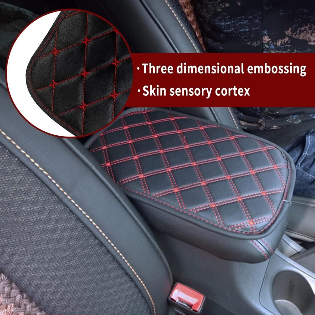 1 PC Auto Center Console Cover Pad, PU Leather Car Armrest Seat Box Protector Set, Double Line Square Waterproof Center Console Mat, for Most Vehicle, SUV, Truck Interior (Carbon Fiber Black)