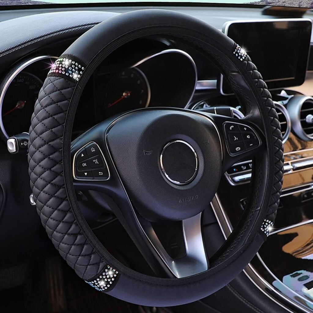 AYNZKJ Diamond Leather Steering Wheel Cover for Women Girls, with Bling Bling Crystal Rhinestones, Universal Fit 15 Inch Car Steering Wheel Protector (Black)