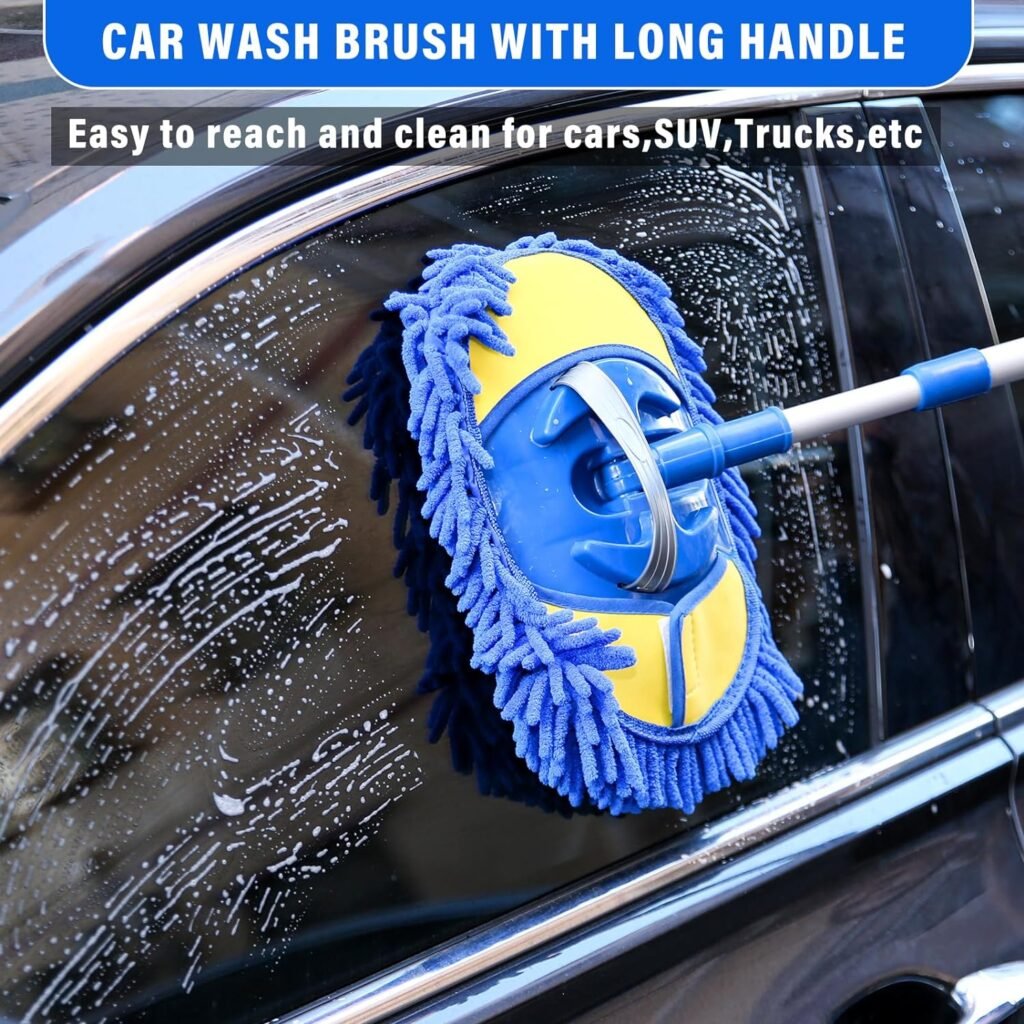 Car Wash Mop Brush with Long Handle, Car Detailing Kit Wash Mitt Car Washing Tire Brush Cleaning Kit, Window Squeegee Car Duster Microfiber Towel Washing Supplies Set for Car RV SUV Truck